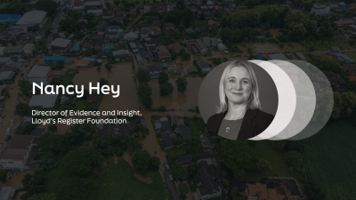 An aerial view of a flooded residential area with a professional headshot overlayed